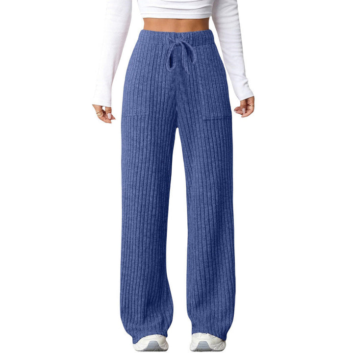 Ladies Wide Ribbed Lounge Pants with Drawstring and Patch Pockets Mune Fashion