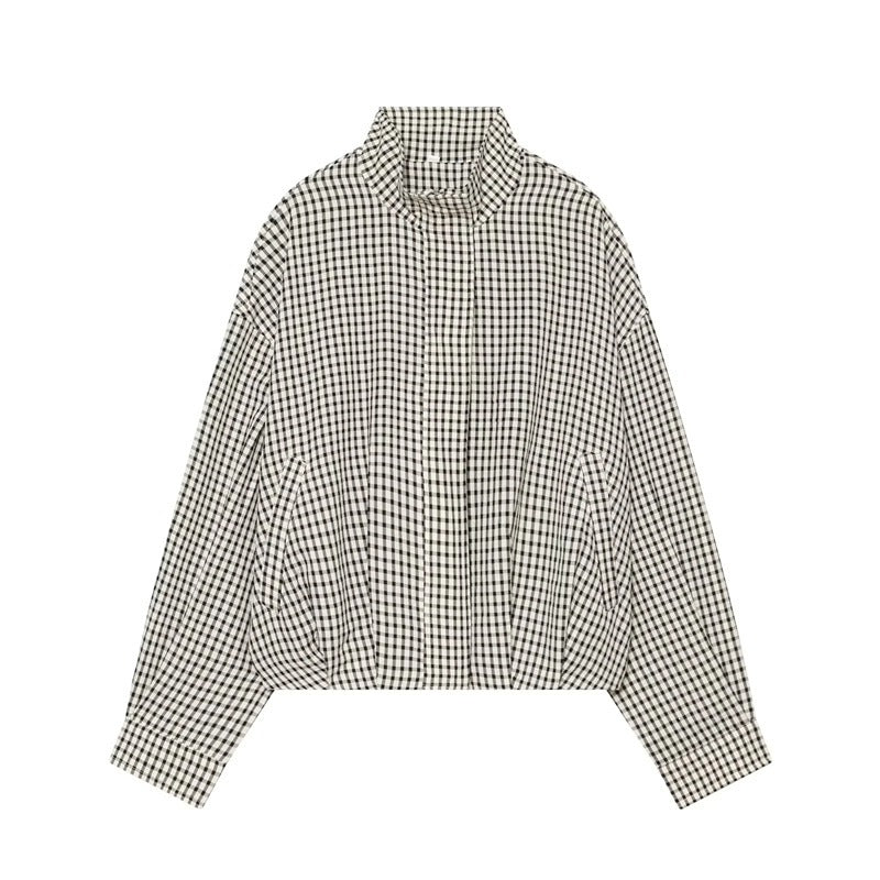 Women's short-cut boxy blouse in Vichy check with stand-up collar and elastic hem Mune Fashion