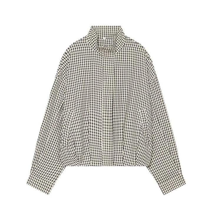 Women's short-cut boxy blouse in Vichy check with stand-up collar and elastic hem Mune Fashion