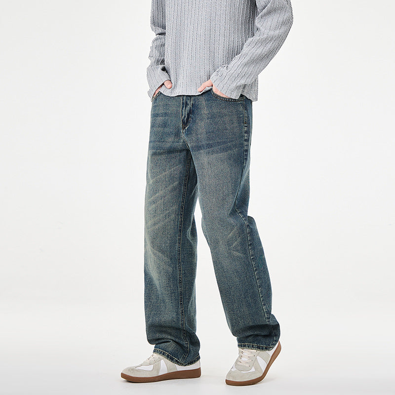 Men's straight cut wide jeans with high waistband and vintage wash Mune Fashion