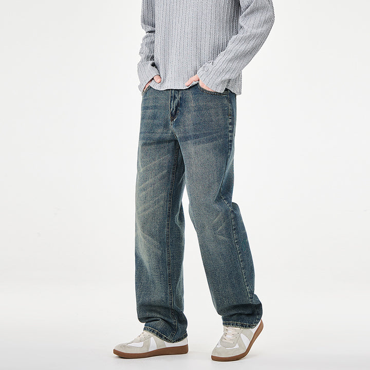 Men's straight cut wide jeans with high waistband and vintage wash Mune Fashion