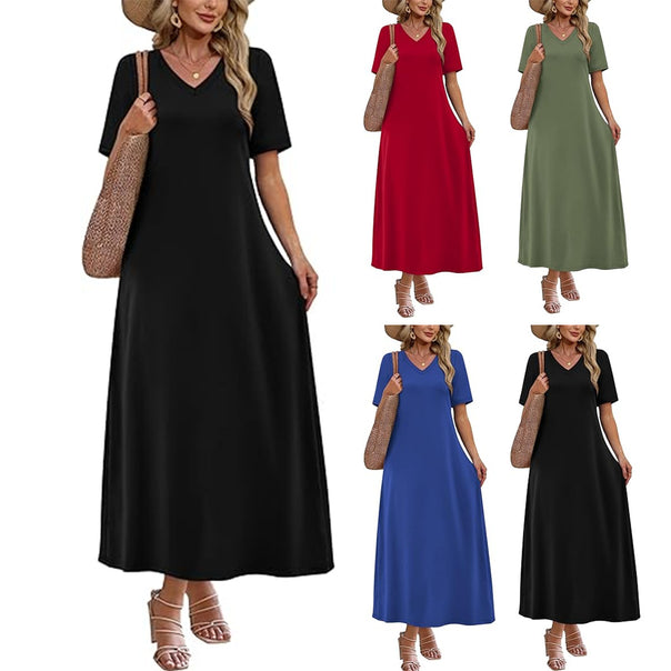 Women's Long A-Line Maxi Dress with V-Neck, Short Sleeves and Side Pockets Mune Fashion