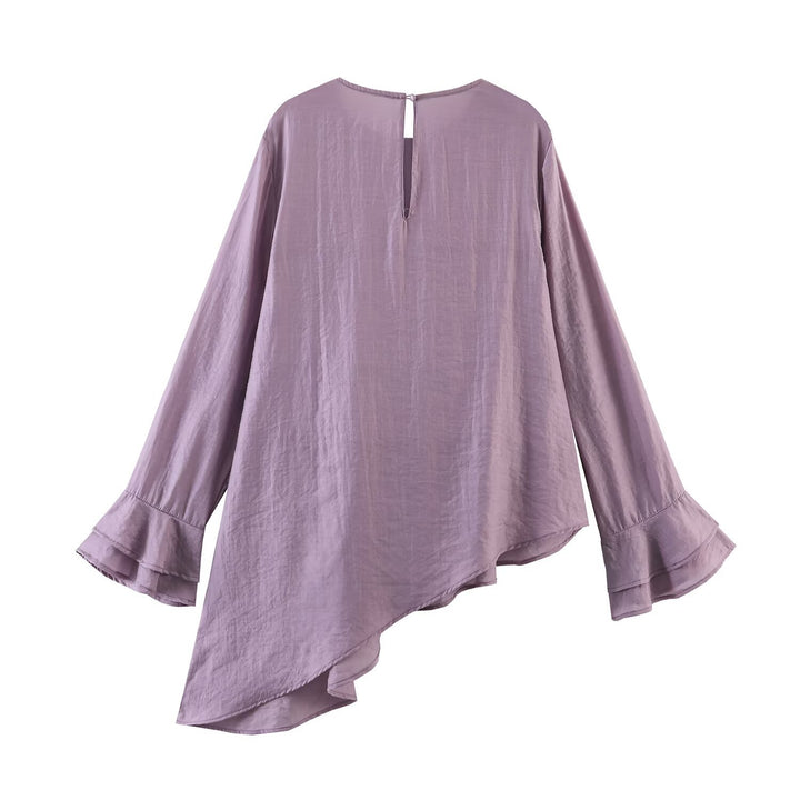 Women Layered Ruffle Blouse with Bell Sleeves and Asymmetrical Hem Mune Fashion