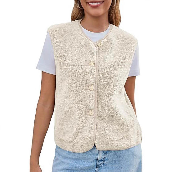 Women's Teddy Fleece Vest with Round Neckline and Button Closure Mune Fashion