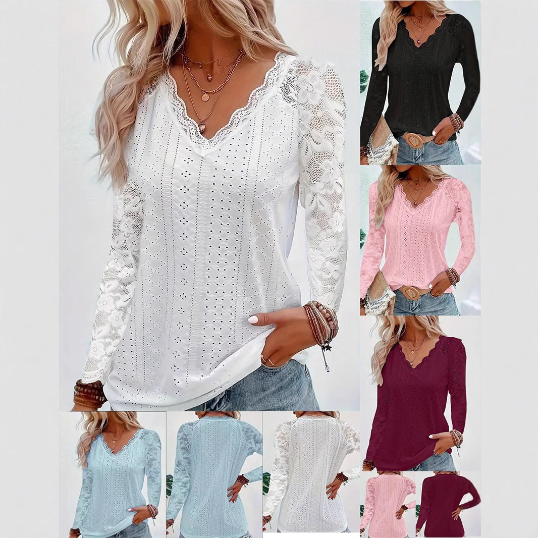 Women's long sleeve blouse made of lace embroidery with lace V-neck and floral mesh sleeve Drune