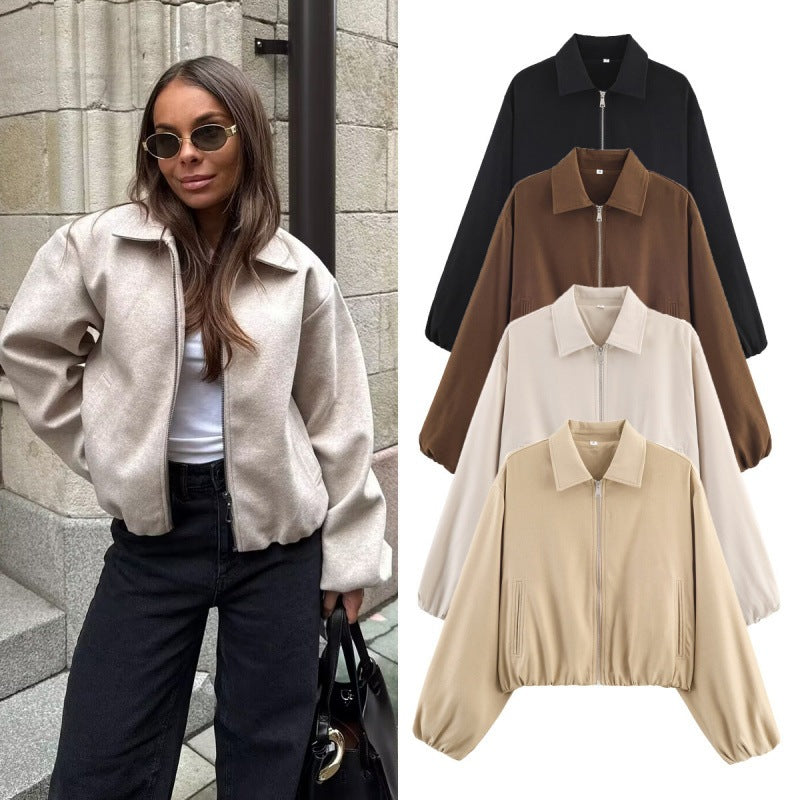 Women Polka Dot Cropped Bomber Jacket in Retro Look with Shirt Collar and Elastic Hem Mune Fashion