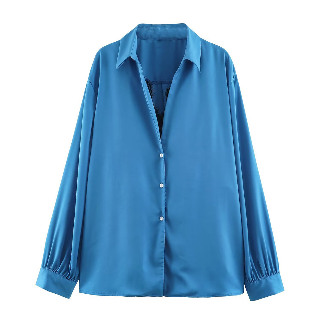 Women's Silky Oversized Blouse with Lace Insert and Shirt Collar Mune Fashion