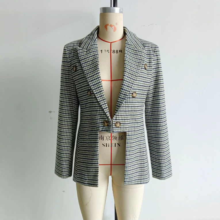 Women Double-breasted Glencheck Blazer with tailored silhouette and contrasting lining Mune Fashion