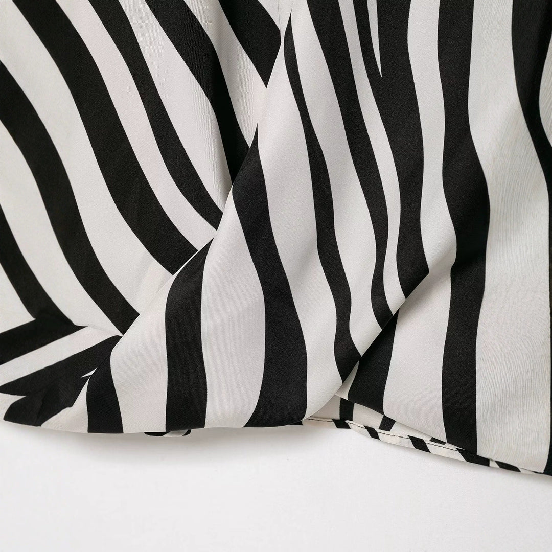 Women's Silky Oversize Blouse with Zebra Stripes and Feather Trim Mune Fashion