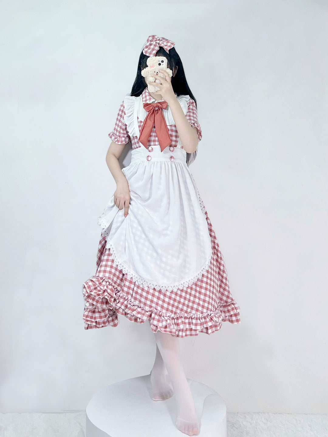 Women's Nano Vintage-Inspired Lolita Dress with Checkered Pattern Ruffles and Removable Apron Mune Fashion
