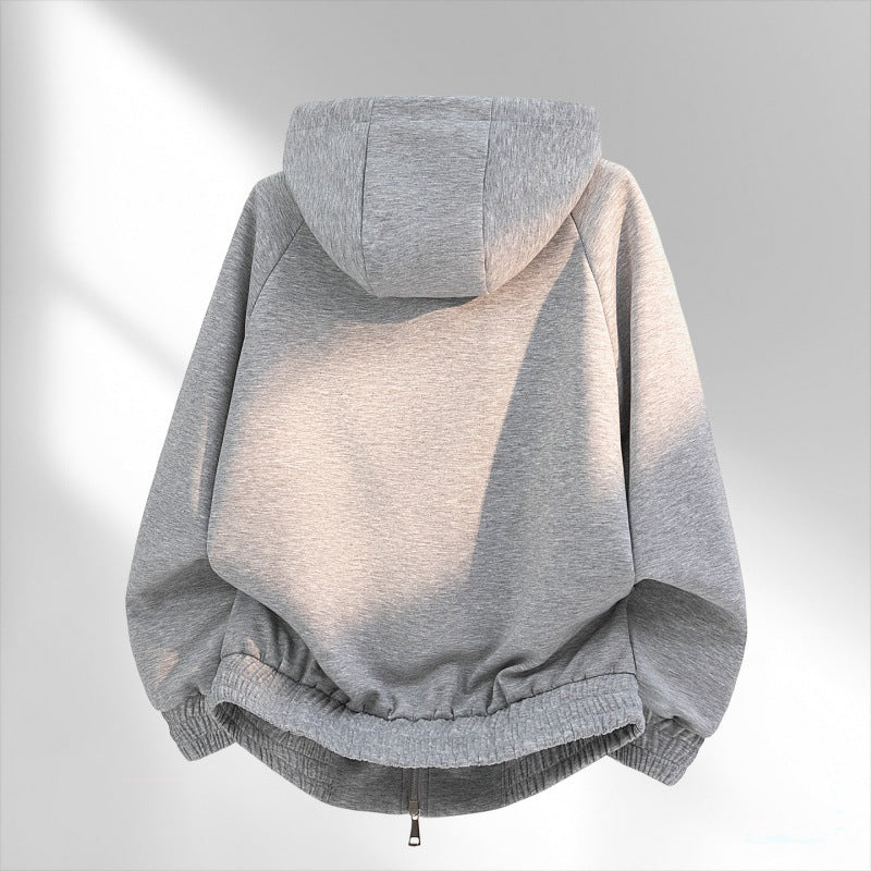 Women's casual sweat bomber with quilted check lining in hood and elastic hem Mune Fashion