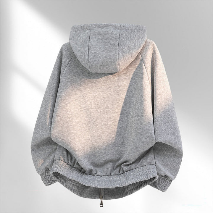 Women's casual sweat bomber with quilted check lining in hood and elastic hem Mune Fashion