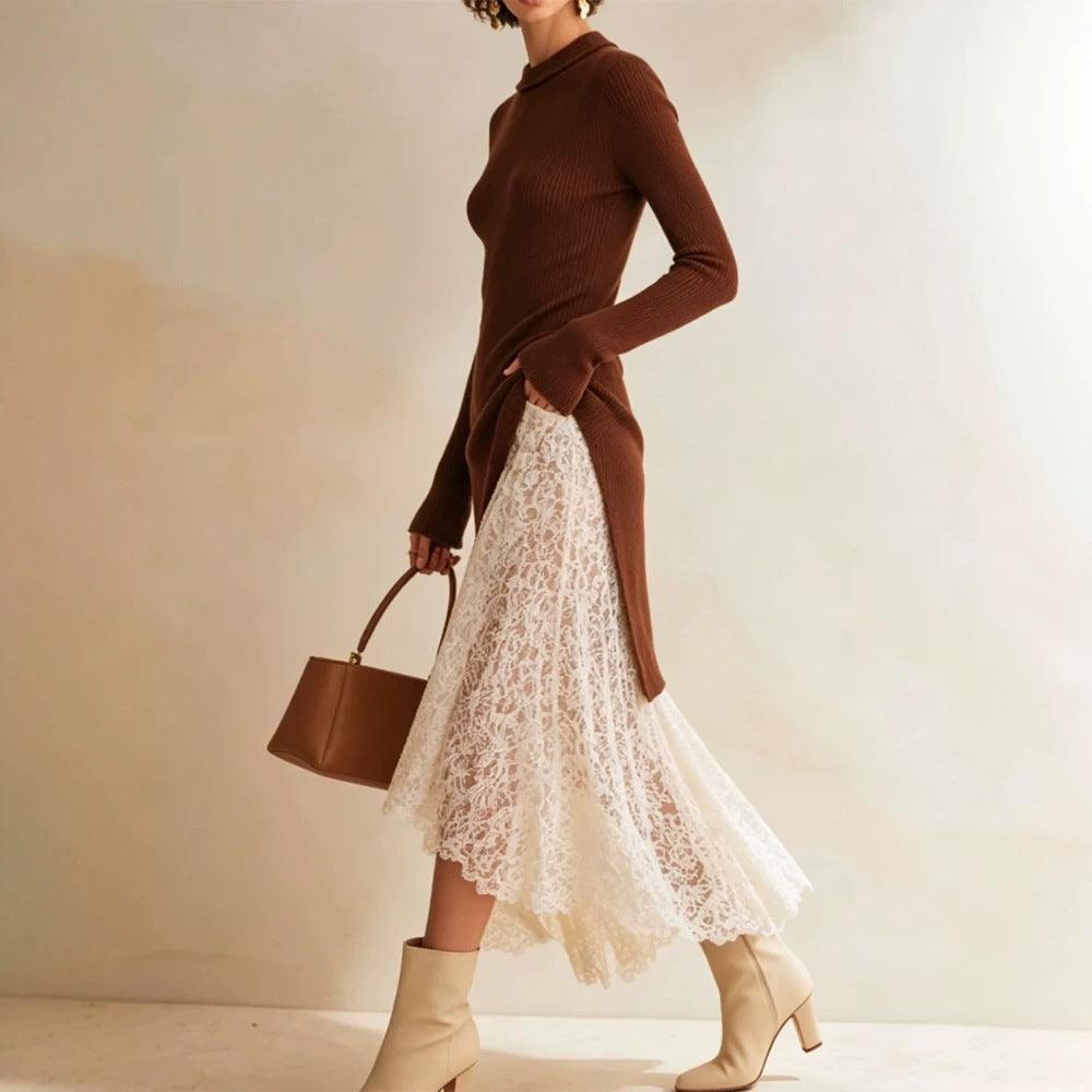 Women Midi dress made of fitted fine knit with asymmetric lace ruffle Mune Fashion