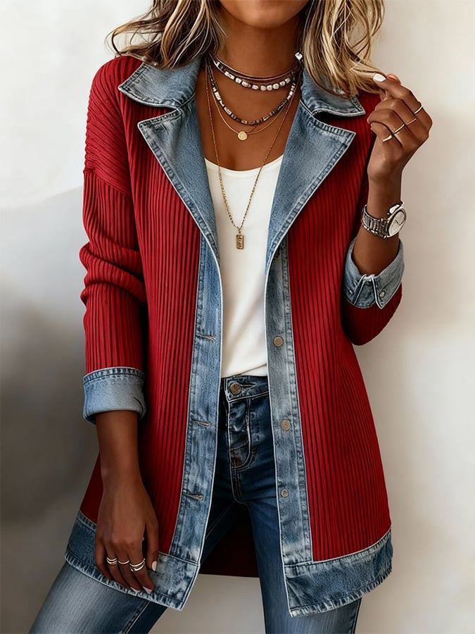 Women Long Knit Coat with Denim Collar Mune Fashion