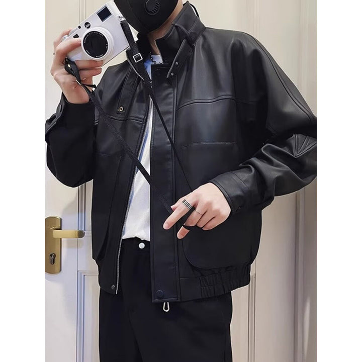 Men's biker-inspired faux leather bomber jacket with stand-up collar and elastic hem Mune Fashion