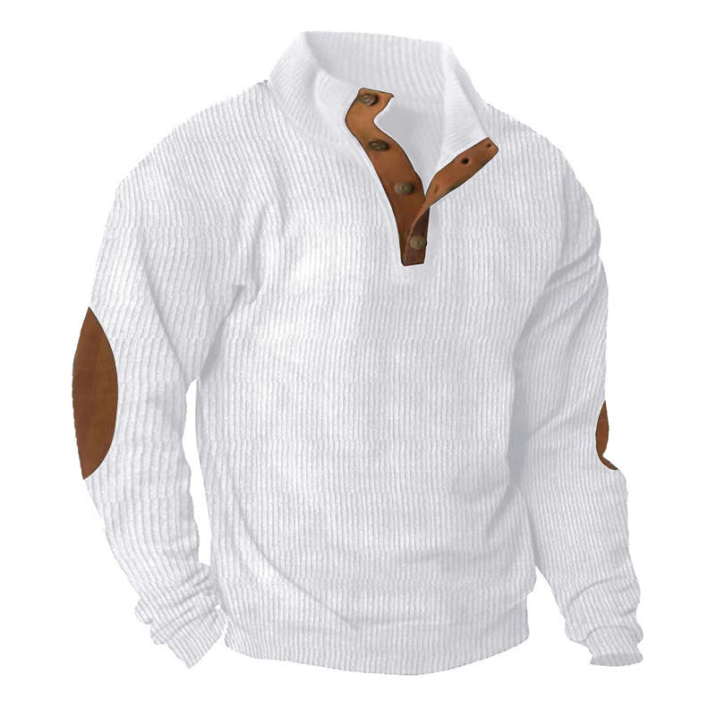 Men's ribbed knit pullover with stand-up collar, button placket and distinctive elbow patches Mune Fashion