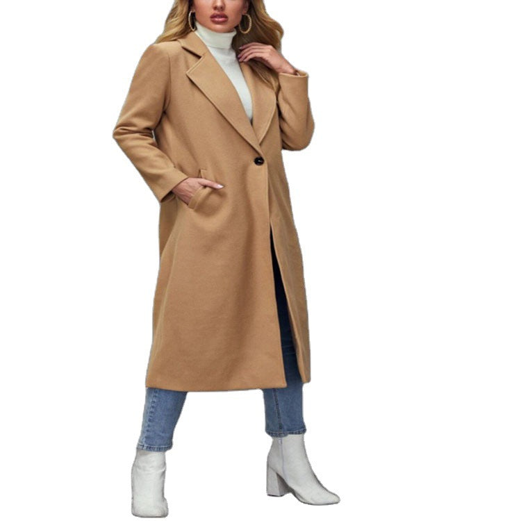 Women Maxilength Wool Blend Classic Coat with Minimalist Waist and Hidden Button Placket Mune Fashion