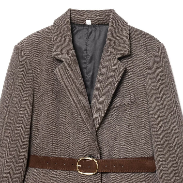 Women's Tailored Herringbone Blazer Coat with TIE Belt Mune Fashion