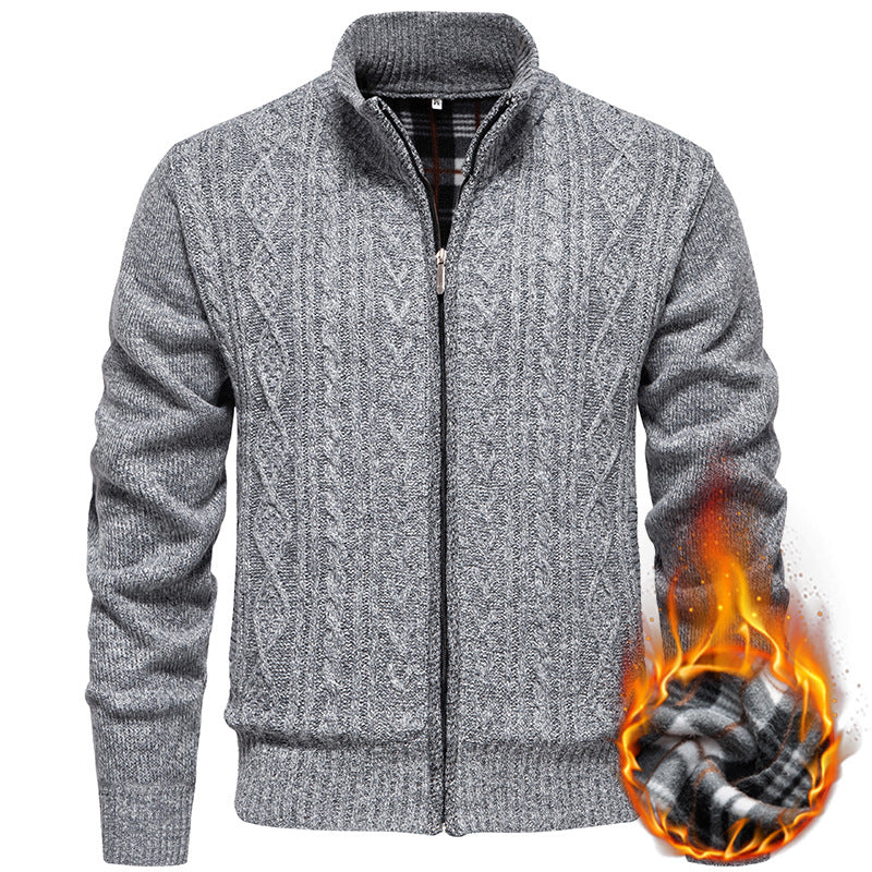 Men's chunky knit cardigan with cable pattern, stand-up collar and checked inner lining Mune Fashion