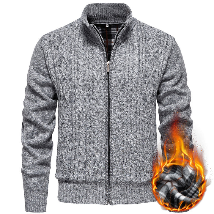 Men's chunky knit cardigan with cable pattern, stand-up collar and checked inner lining Mune Fashion