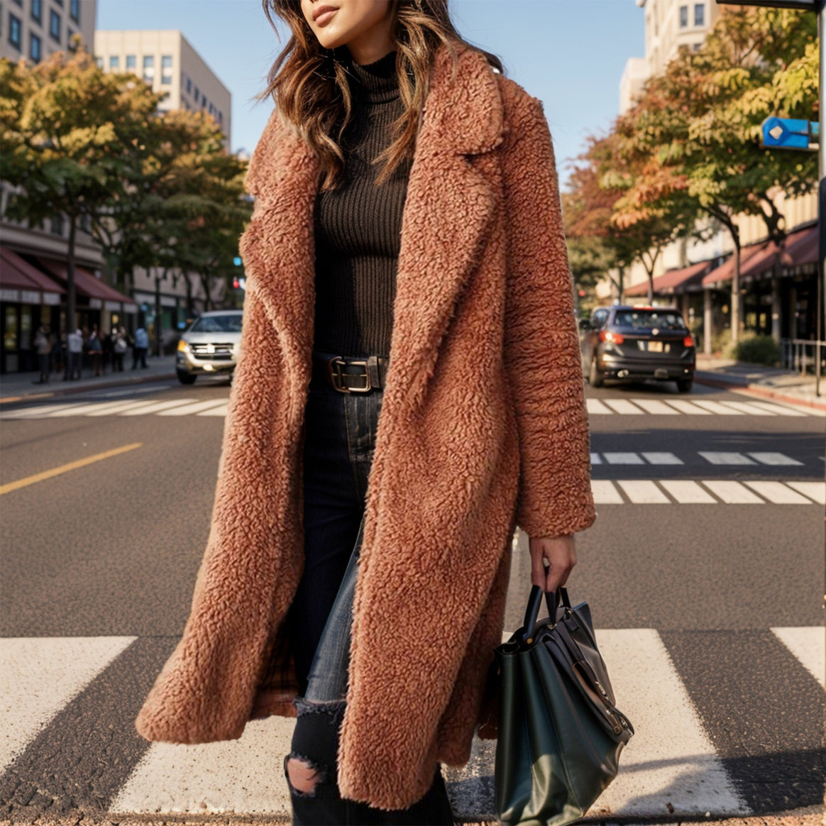 Women's Long Teddy Coat made of Faux Fur with Oversize Cut and Shawl Collar Mune Fashion