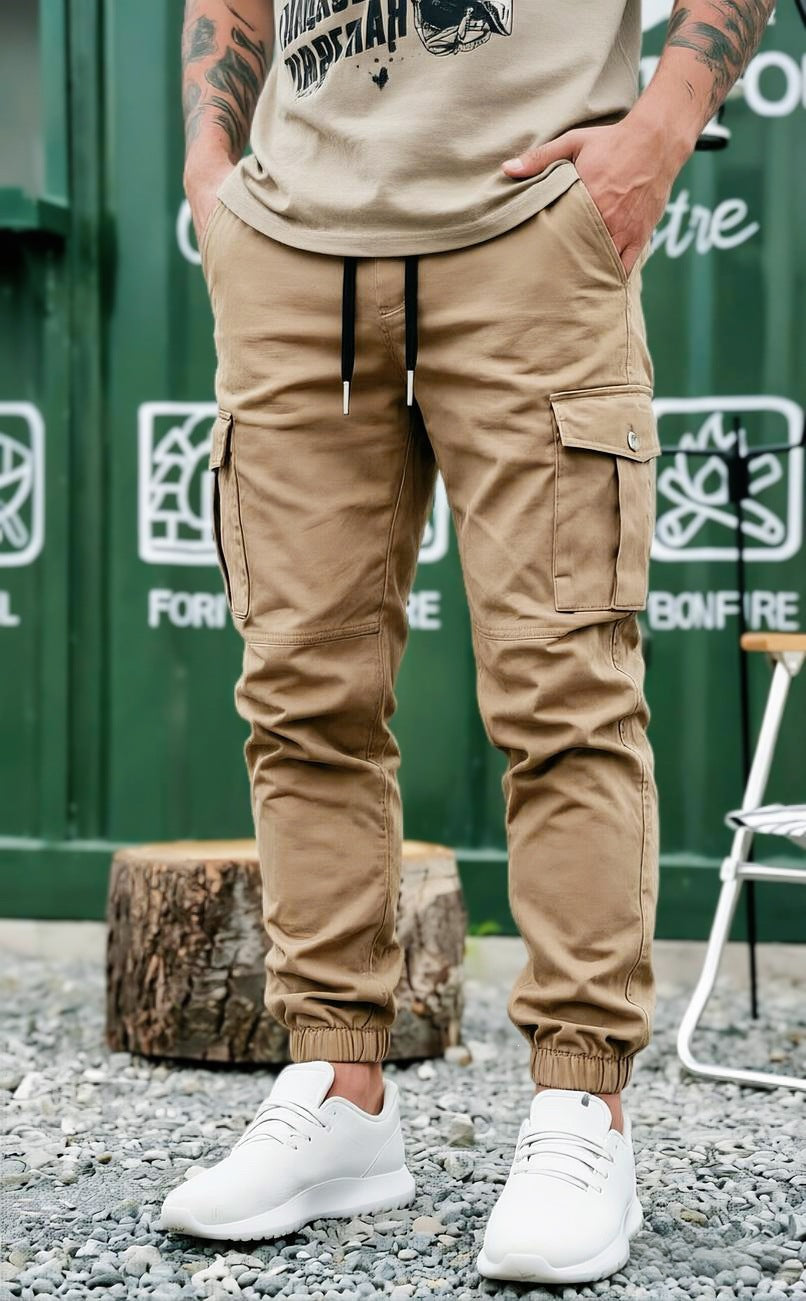 Men's Drawstring Cargo Pants in Jogger Style with Elastic Cuffs & Multiple Pockets Mune Fashion
