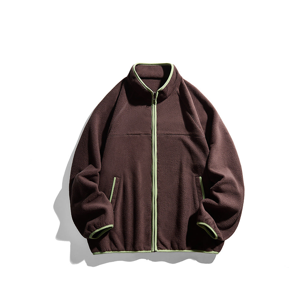 Unisex Oversize Fleece Jacket with Stand-Up Collar, Full-Length Zipper, and Contrast Piping Mune Fashion