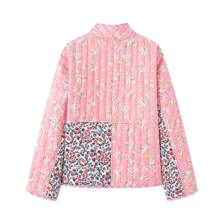 Women's non-quilted patchwork quilt jacket with stand-up collar, large decorative buttons, and patch pockets Mune Fashion