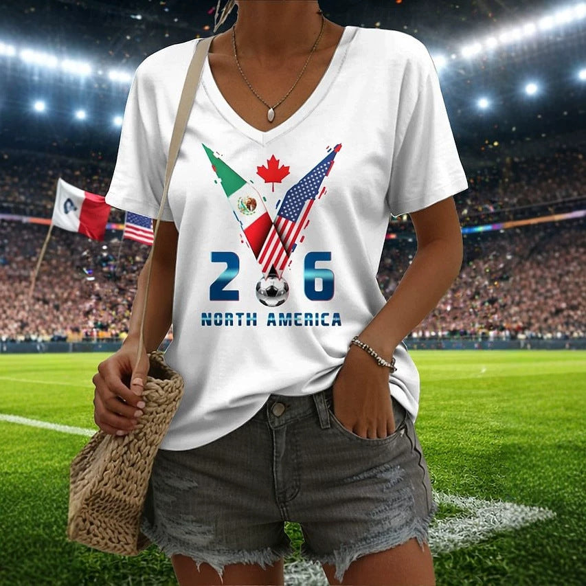 Women’s V-neck Retro Print T-shirt with Eagle Emblem and vintage-inspired Graphic Mune Fashion