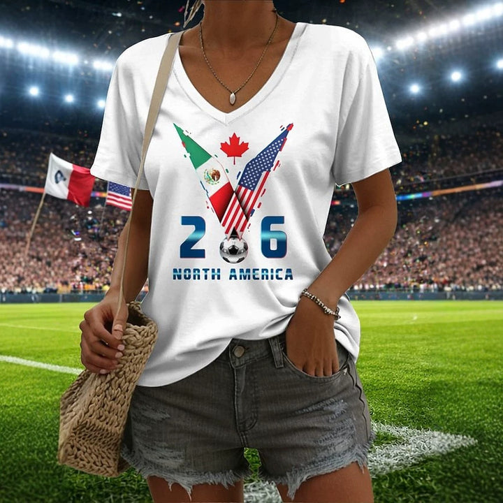 Women’s V-neck Retro Print T-shirt with Eagle Emblem and vintage-inspired Graphic Mune Fashion
