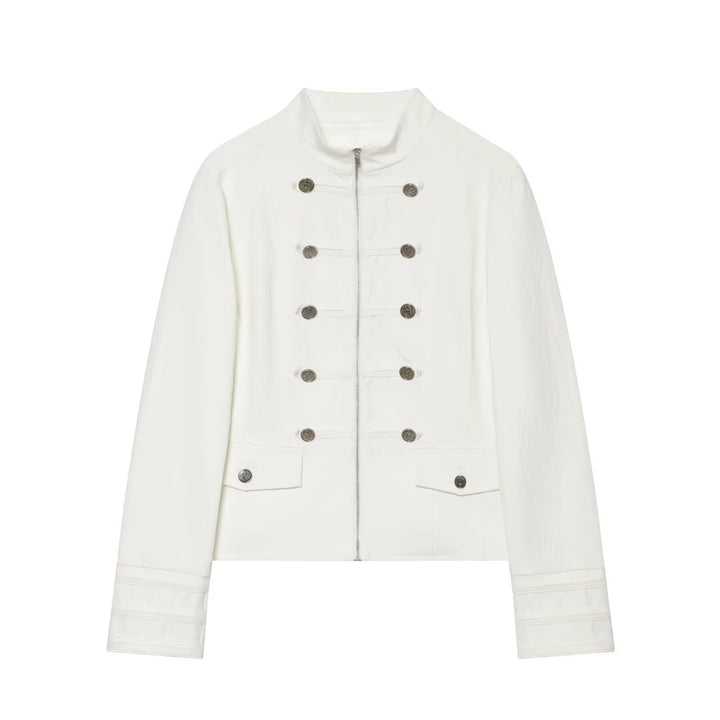 Women's short jacket in Marshal style with standing collar, decorative button placket and flap pockets Mune Fashion