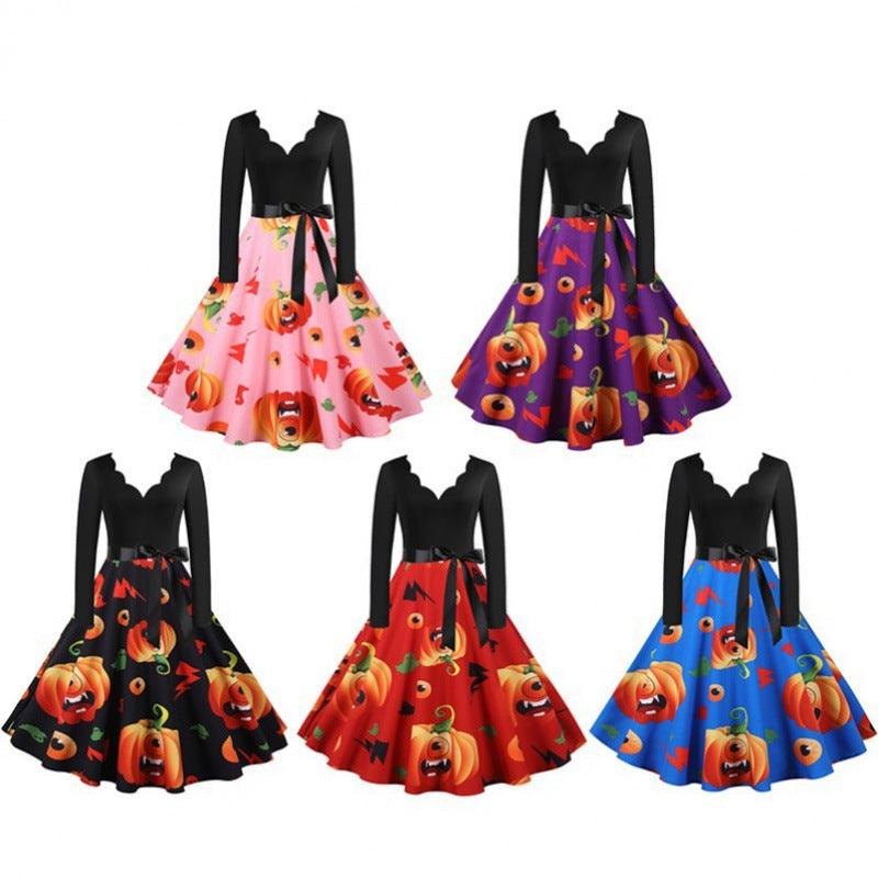 Women Vintage Swing Dress with Halloween Pumpkin Print and Waist Belt Mune Fashion