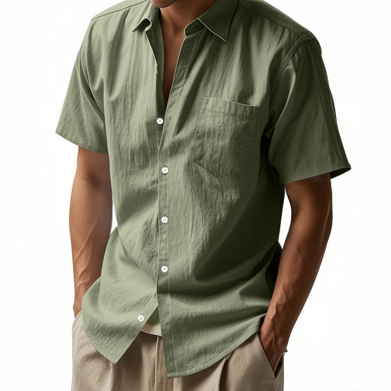 Men's short-sleeved textured shirt made of breathable slub linen with a spread collar, chest pocket, and straight hem Mune Fashion