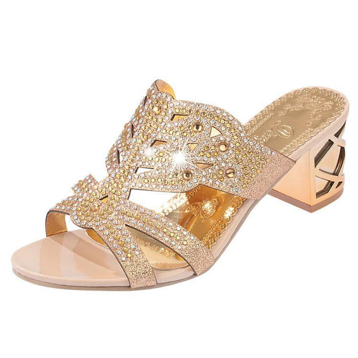 Women's embellished sandal with mid-height block heel and sparkling rhinestone trim Mune Fashion