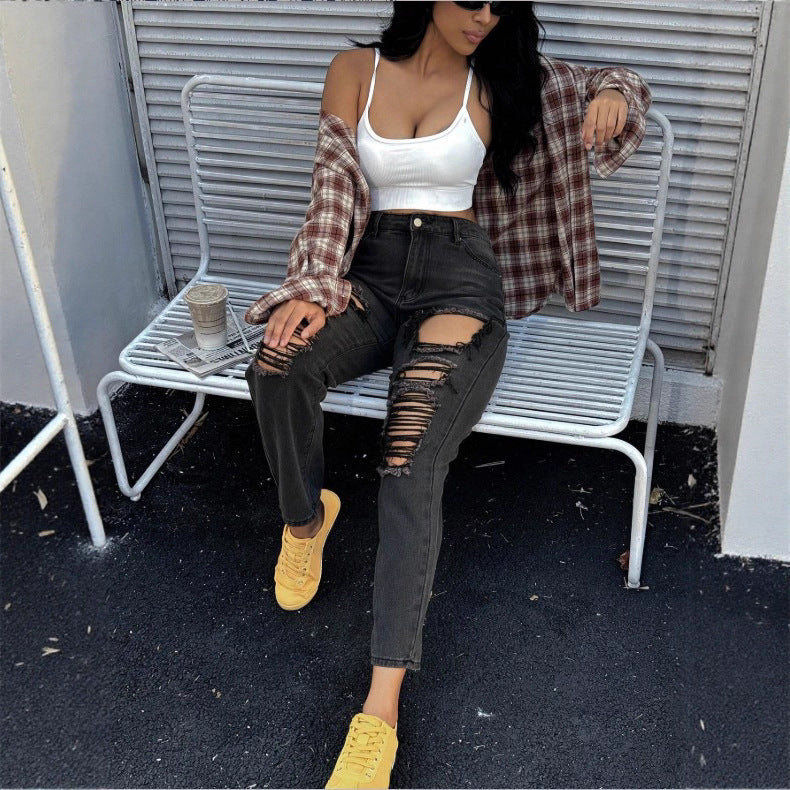 Ladies high-waisted ripped mom jeans with multiple knee cutouts and relaxed straight cut Mune Fashion