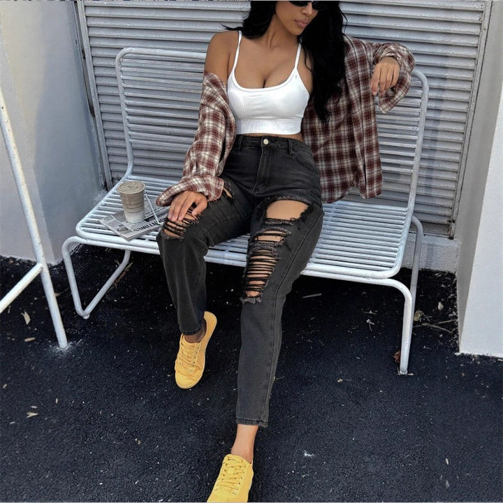 Ladies high-waisted ripped mom jeans with multiple knee cutouts and relaxed straight cut Mune Fashion