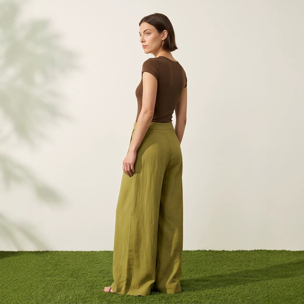 Women's High-Waist Wrap Palazzo Pants with Wide Leg and Flowing Linen Look Mune Fashion