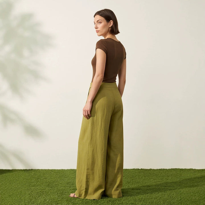 Women's High-Waist Wrap Palazzo Pants with Wide Leg and Flowing Linen Look Mune Fashion