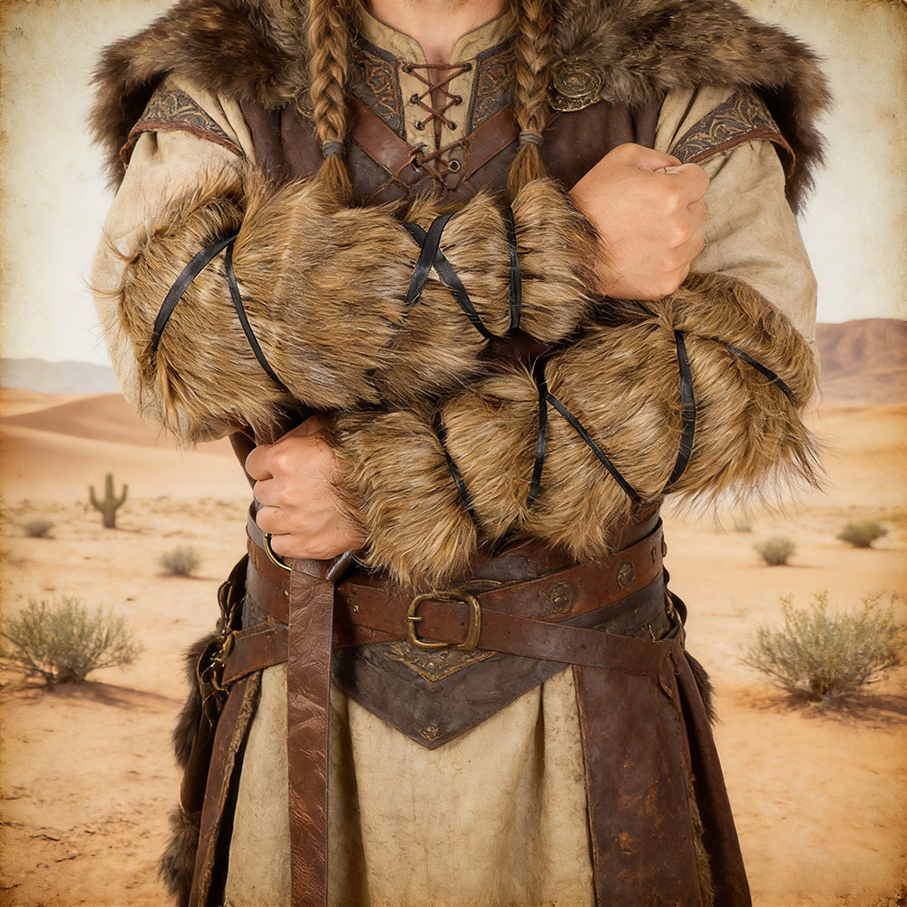 Unisex Medieval Arm Warmers made of Faux Fur with Adjustable Leather Straps Mune Fashion