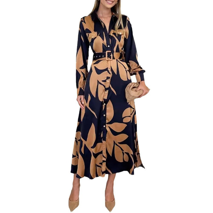 Women flowing shirt dress with waist belt, breast flaps and abstract print Mune Fashion