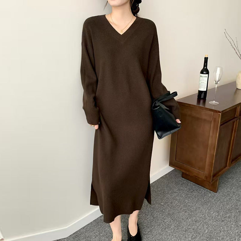 Women Long Fine Knit Midi Dress with V-Neck, Side Slit, and Relaxed Silhouette Mune Fashion