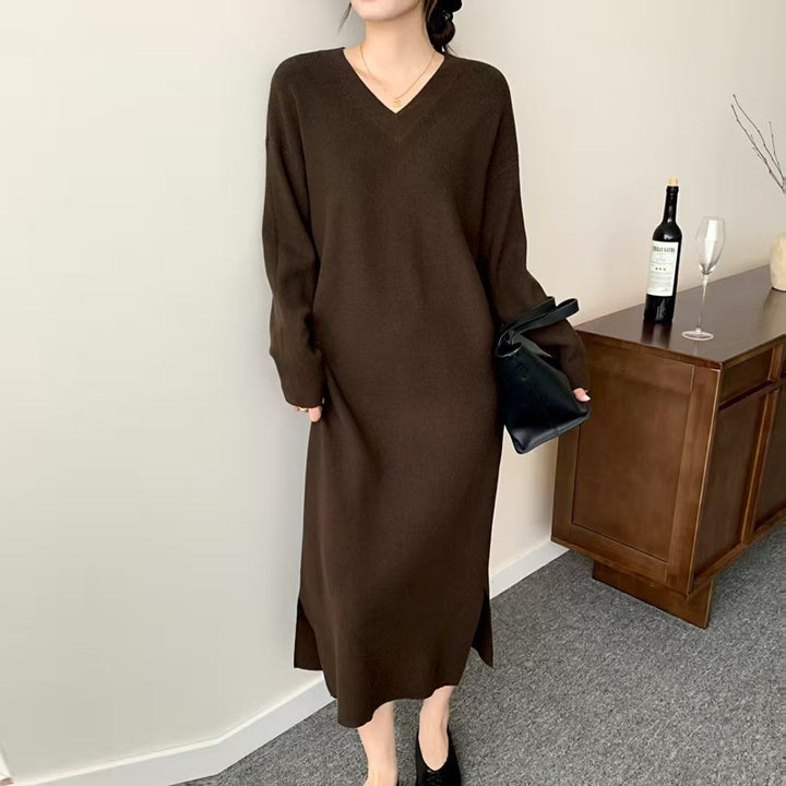 Women Long Fine Knit Midi Dress with V-Neck, Side Slit, and Relaxed Silhouette Mune Fashion