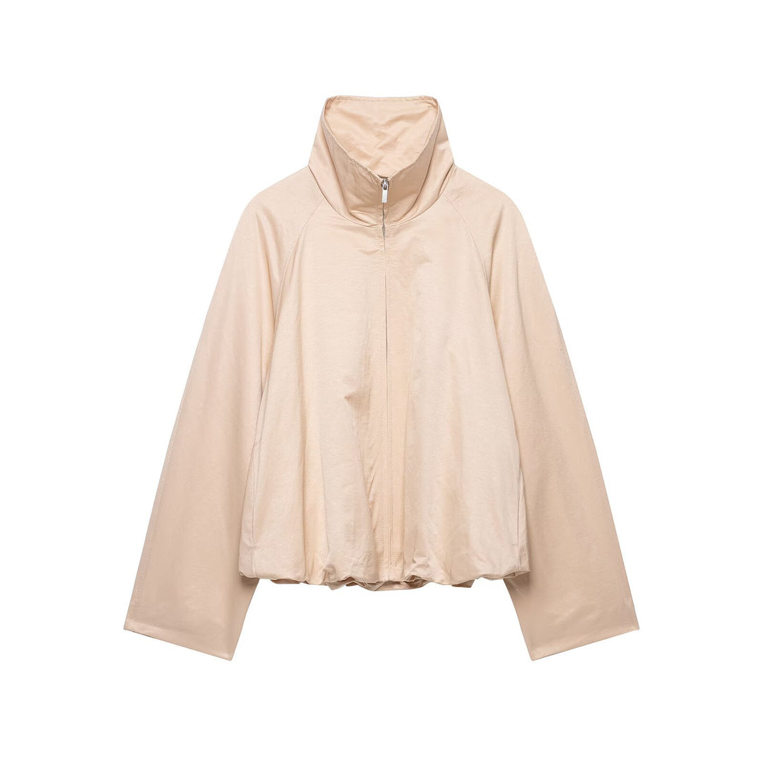 Women Short Satin-Finish Cape Blouson with Wide Raglan Sleeves and High Stand Collar Drune