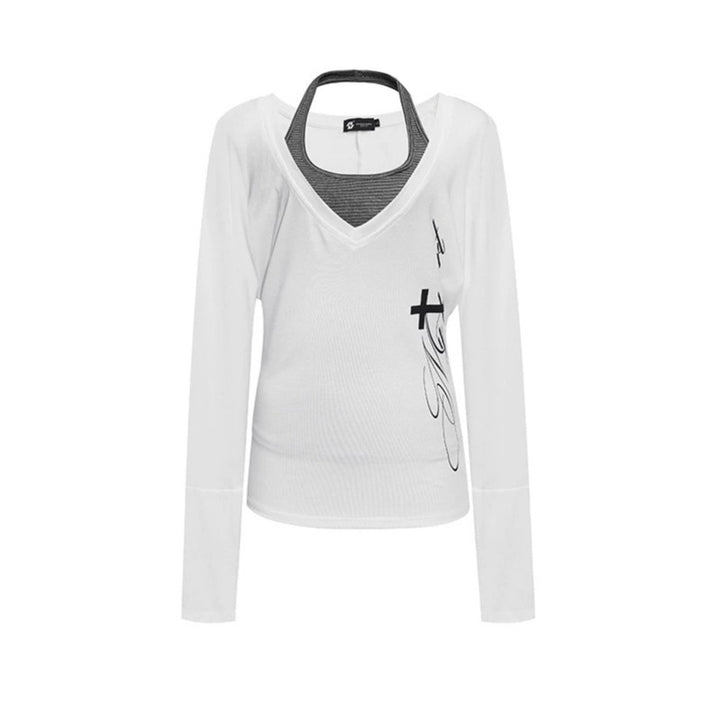 Women's layer long-sleeve shirt with deep V-neck, halter inner layer and side script print Mune Fashion