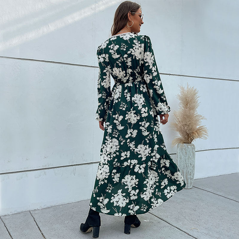 Ladies Elegant Maxi Dress with Floral Pattern and V-Neck Mune Fashion