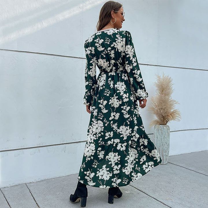 Ladies Elegant Maxi Dress with Floral Pattern and V-Neck Mune Fashion
