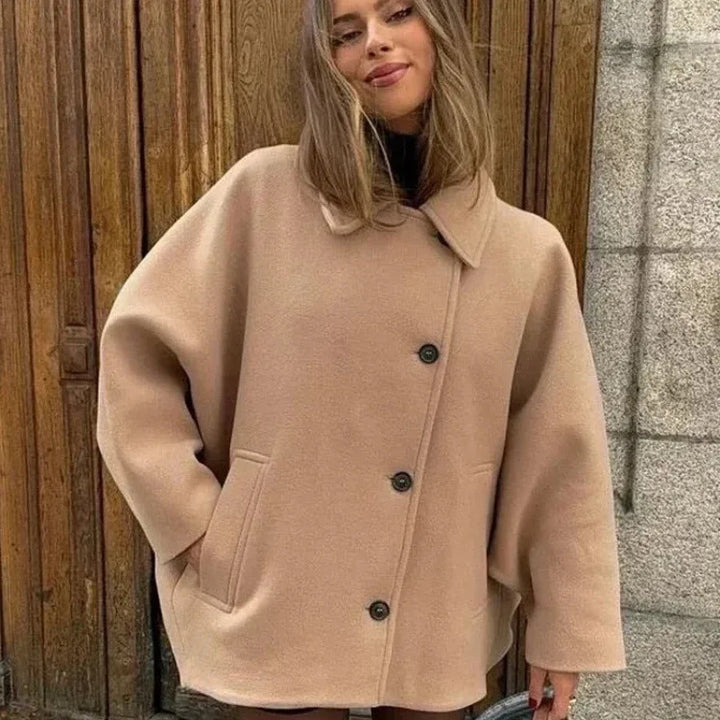 Women Oversized Wool Blend Boxy Short Coat with Lapel Collar and Insert Pockets Mune Fashion