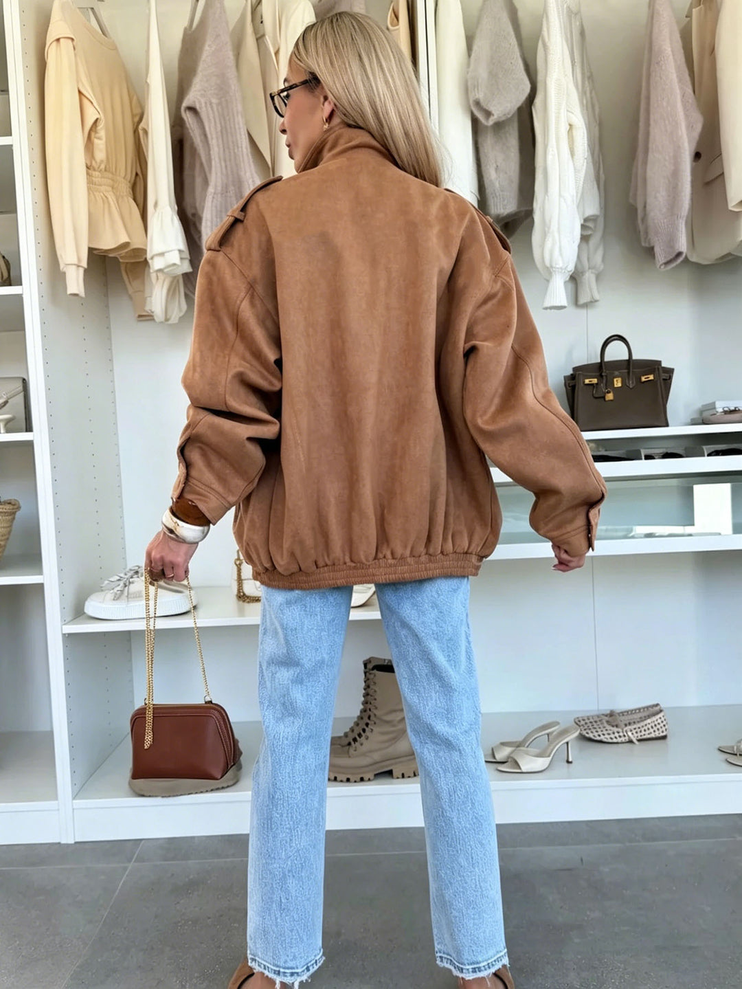 Women's Oversized Jacket in Suede Look with Chest Pockets and Epaulettes Mune Fashion