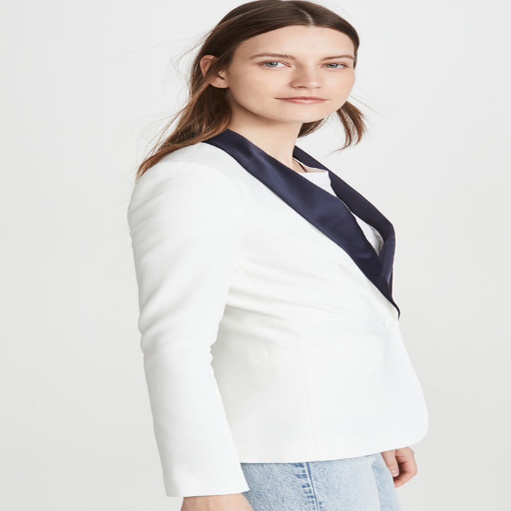 Women's Tailored Tuxedo Blazer with Satin Shawl Collar and One-Button Front Mune Fashion