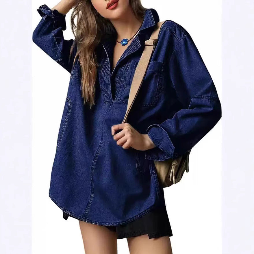 Women's Oversize Denim Tunic with Henley Neckline and Kangaroo Pocket Mune Fashion